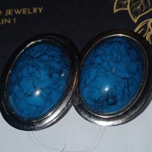 Vintage Blue Marbled Silver tone Clip Earrings